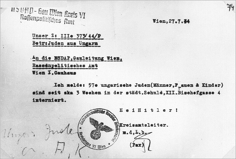 A German letter notifying of 570 deported Hungarian Jews in Vienna, rounded up for deportation.